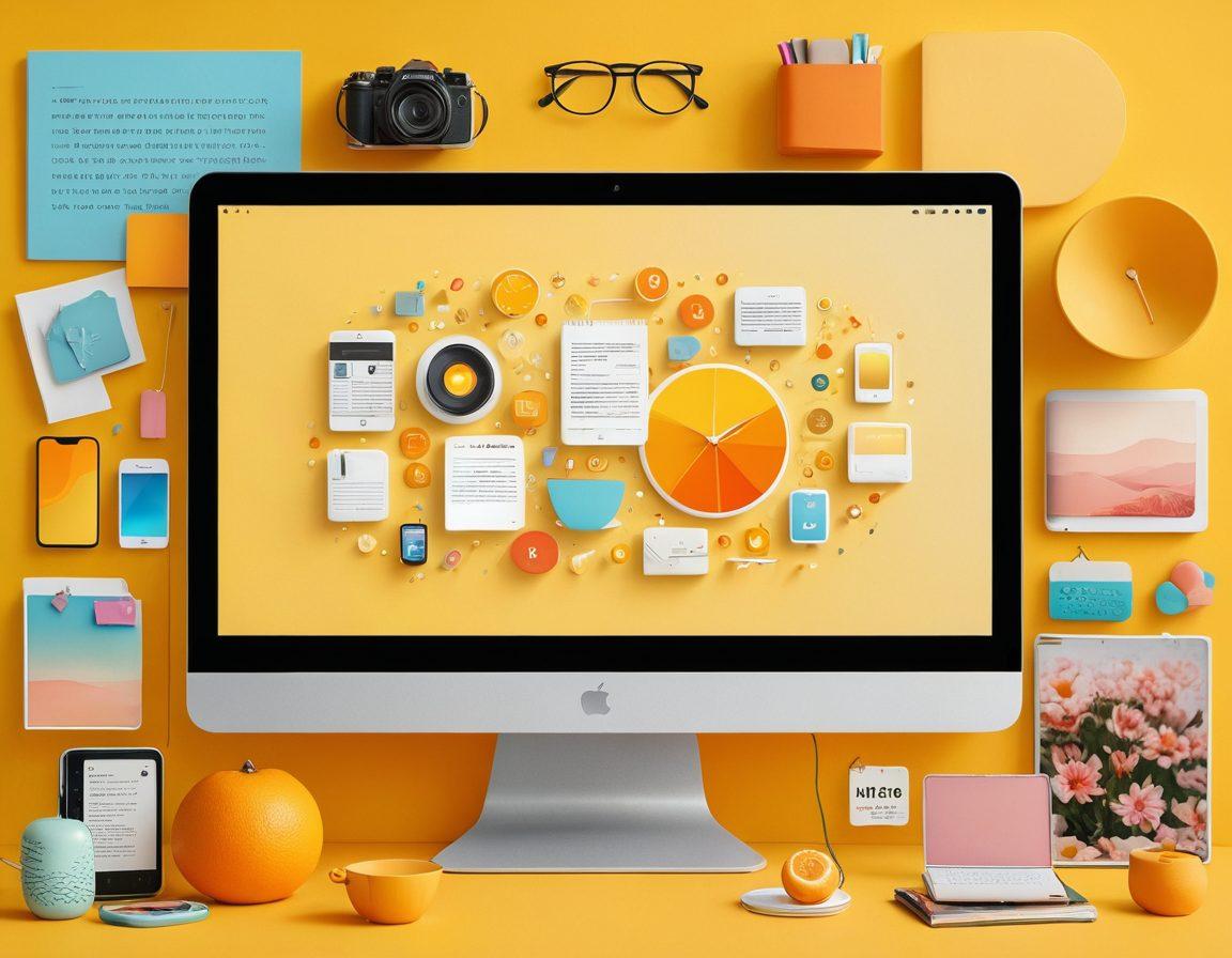 A vibrant collage of digital devices displaying various happy content like articles, videos, and podcasts, surrounded by symbols of joy such as sunshine, smiles, and open books. Include elements that represent trust and quality, like a badge or certificate icons. Use a warm and inviting color palette to evoke a sense of happiness and positivity. The background should be soft and abstract to enhance the main visuals. super-realistic. vibrant colors. 3D.