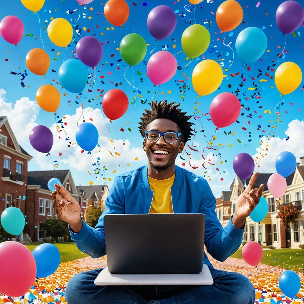 A vibrant, whimsical landscape filled with diverse individuals joyfully engaging with each other in various online hubs, such as video chats, gaming platforms, and social media. The scene should embody an atmosphere of happiness, connection, and exploration, featuring colorful elements like balloons and confetti in the sky, symbolizing joy and engagement. Add modern tech devices seamlessly integrating into the environment, highlighting the online aspect. Details should feel inviting and dynamic. vector art. bright colors. playful style.