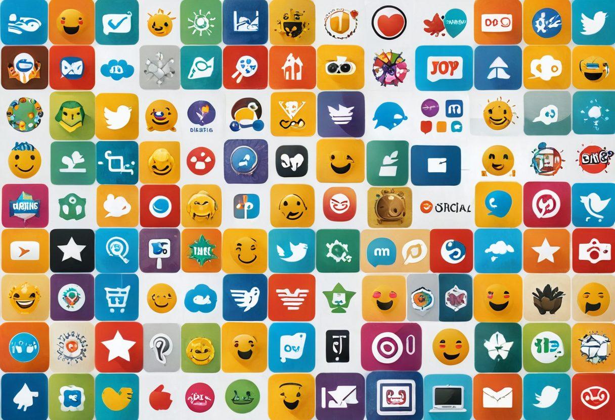 A vibrant collage showcasing various iconic website logos representing the top 10 premier websites for online satisfaction. Each logo should be framed by joyful expressions from diverse users interacting with their devices, creating a sense of excitement. The background is filled with playful digital elements like emojis and social media icons, conveying a sense of connection and happiness. The overall tone is bright and inviting, symbolizing the joy of discovering online treasures. super-realistic. vibrant colors. white background.
